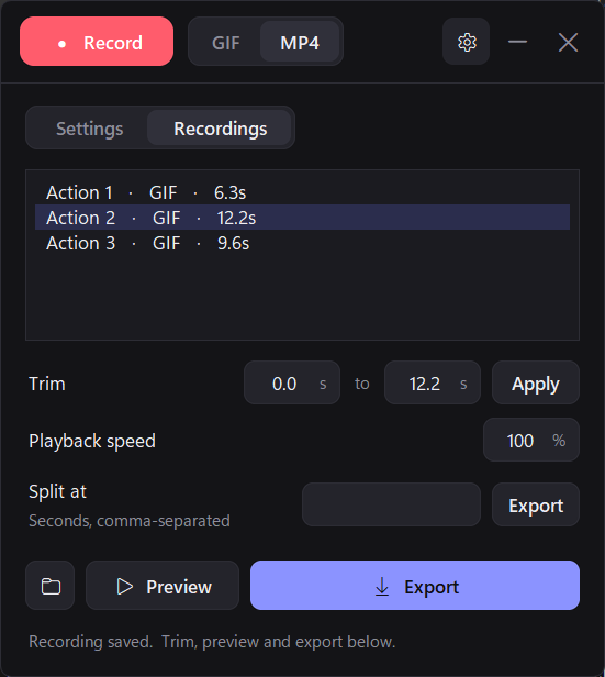RipFrame's recordings panel with trim, speed, split and export controls