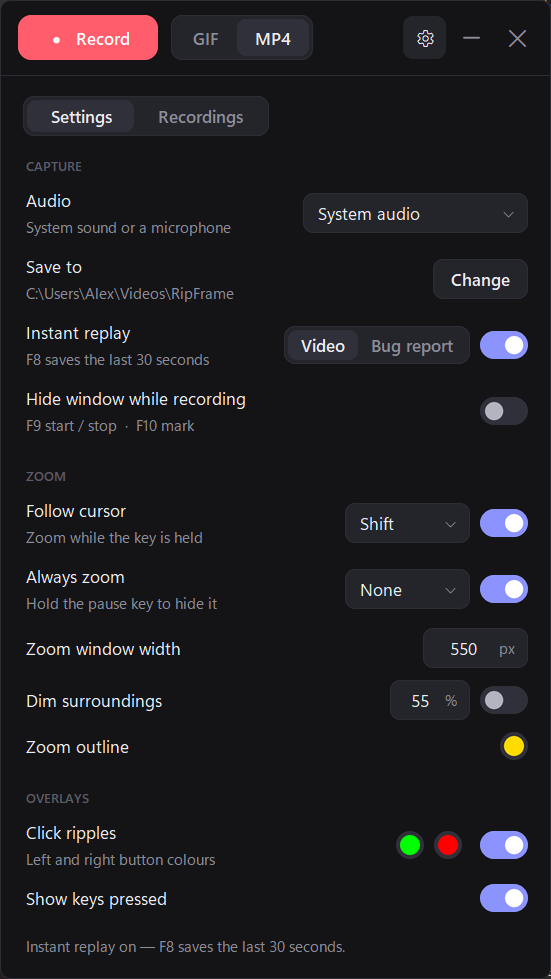 RipFrame's settings: audio source, save folder, instant replay, zoom and overlay options
